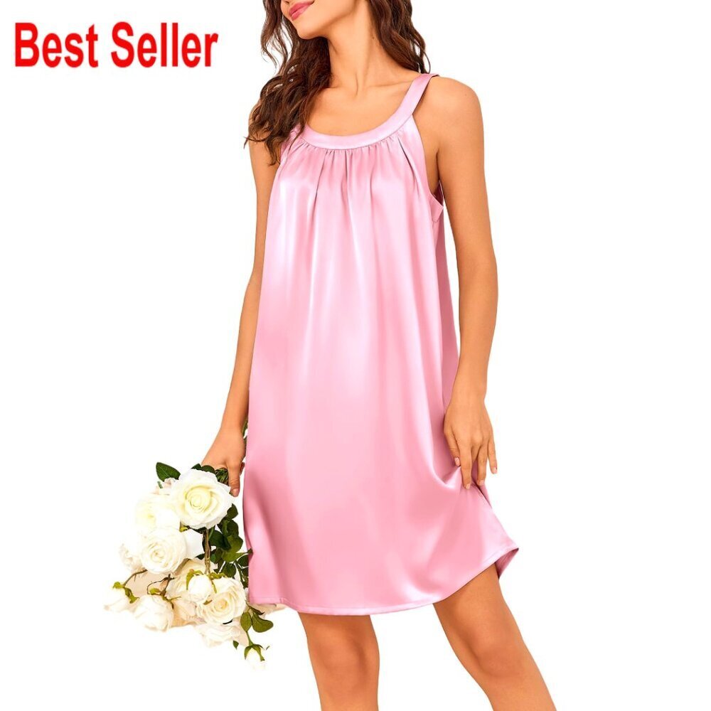 Silky Satin Nightgown Sleeveless Pleated Sleepshirt Elegant Minimal Chic Lounge